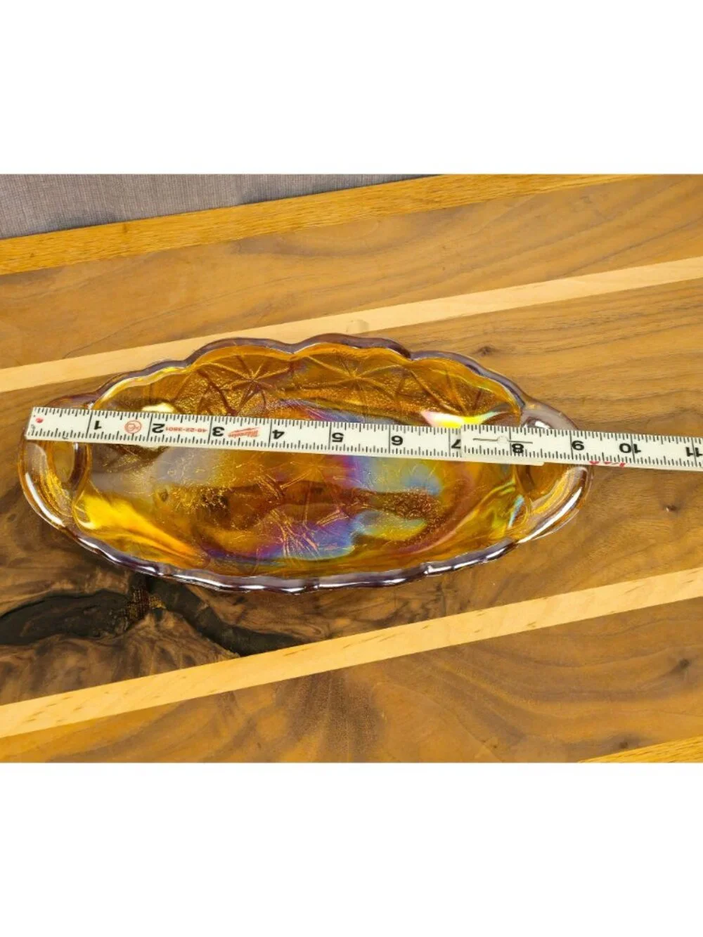 Vintage Amber Carnival Glass Oval Dish With Floral Pattern & Handles 10.5